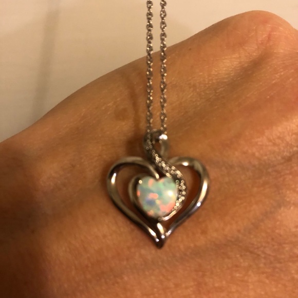 Macy's Opal & Diamond Accent Heart Necklace Silver - Picture 3 of 3